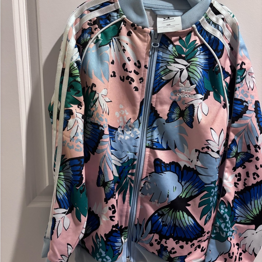 Adidas Floral Bomber Jacket Pink and Blue